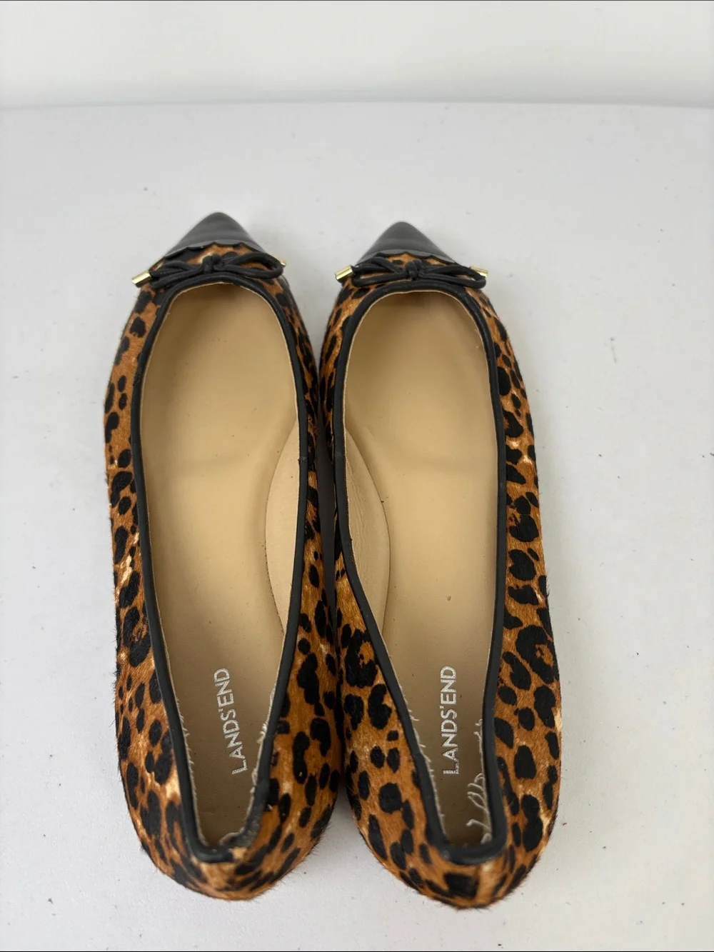 👞 Lands' End fur leather Leopard Print Pointed Toe Flats with Black Patent Cap
